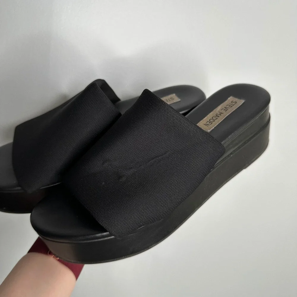 Steve Madden Platform Slide Sandals Womens 8 Black Good Y2K Chunky Flatforms
